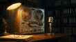 © MD ISTIAQUE ABEDIN - Vintage reel to reel tape recorder and retro microphone on an old wooden desk under warm lamp light in a dimly lit office study environment