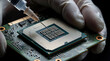 © miss irine - Gloved hand injects thermal paste onto CPU surface, highlighting microprocessor and circuit board details. Precision electronic maintenance underway.
