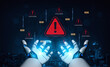 © InfiniteFlow - Futuristic Robot Hands Displaying Digital Interface with System Warning Alerts on a Dark Background. Glyphic.
