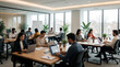 © miss irine - Diverse group works together in modern open plan office, using laptops at shared desks. People collaborate on projects, share ideas, and build community in a bright, productive workspace.