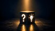 © MAMA Studio - Dark textured cube illuminated by a spotlight revealing a glowing question mark and lightbulb representing problem solving