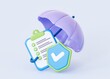 © ferdi - 3D render of insurance policy checklist document covered by a purple umbrella and blue protection shield icon. Concept for life insurance, health guarantee, data security, safety protection, and risk