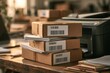 © Michael - Stack of cardboard boxes with labels on a wooden desk with a printer