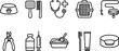 © Sariful - Pet care accessories and veterinary medicine line icon vector set featuring bowl comb stethoscope carrier leash clipper syringe litter box toothbrush bed for domestic animal website UI.
