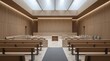 © Николай Срибяник - Empty modern courtroom interior with wooden paneling and seating.