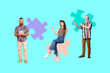 © deagreez - Sketch image artwork 3D photo collage of brainstorming think mind decision team young lady man finger point puzzle match piece hold tablet