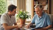 © TensorSpark - A caregiver and elderly man review a photo album at home, showing memory care, companionship and support for dementia and senior well being.