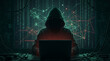 © grafyloft - Anonymous hooded hacker working on a laptop with digital binary code and network connections in a dark setting