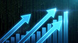 © grafyloft - Bright blue upward trending arrows and bar graph over digital binary code background representing growth and data analysis