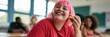 © Iryna - Smiling student with pink hair eating sandwich during class break for candid school lunch background and lifestyle banner design