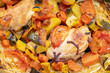 © murziknata - Roasted chicken and vegetables in a cast iron pan. Top view