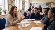 © PoyTumStudio - woman volunteering as language tutor in classroom helping refugees learn