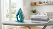 © Babla - Teal steam iron on an ironing board with a stack of folded generated using ai and grey clothes