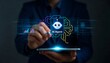 © Jubayer - AI concept with businessman holding artificial intelligence in his hand to use it for business assisstance and help analyze data for investment. Artificial intelligence