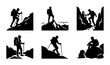 © Hasib - Mountain hiker silhouettes, set of 6 climbing icons. Outdoor adventure trekking graphics, black and white mountaineering vector set.