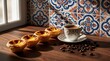 © Vadym - Warm Portuguese egg tarts sit on wooden table near coffee cup and beans. Sunlight streams across pastry and crema filled espresso. Decorative tiles form background.