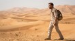 © SashaMagic - Man walking through desert dunes, enduring heat and fatigue, with copy space for travel or adventure themes.