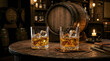 © hasi - Two glasses of whiskey with ice on a wooden tavern table