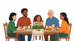 © Gleidiana - Diverse family enjoying a festive holiday meal together at a decorated table with roasted turkey and side dishes isolated on white background