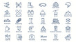 © Viadalla - Set of ski resort and winter sports icons. Snowboard, snowmobile, ski lift, jacket, boots. Blue line style vector symbols for winter holiday, travel, skiing, outdoor recreation