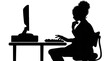 © Obbinokes - Woman silhouette sitting at computer desk with hand on chin in thinking pose, thoughtful employee analyzing data, solving problem, remote worker concept vector illustration