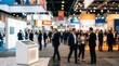 © Panuwat - Professional people networking at an information kiosk during a busy corporate exhibition event.