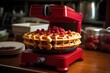 © juliars - Hot fresh waffles topped with raspberries resting on a red electric waffle maker