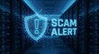 © Sami - Digital representation of a 'Scam Alert' warning in a server room setting, emphasizing cybersecurity awareness.