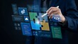 © MST - A professional business person managing software development projects using digital puzzle interfaces and data analytics icons for technological innovation