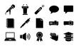 © Anik - Presentation Icons Set: Microphone, Podium, Laser Pointer, Speech Bubbles, Notebook, Pen, Document, Projector, Laptop, Speaker, Award, Applause, Graduation Cap