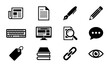 © Anik - 12 Business and Technology Icons: Document, Keyboard, Computer, Search, Link, Eye, Tag, Pen, Pencil, Newspaper, Books, Chat Bubble - Vector Set