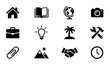 © Anik - Modern Business and Technology Icon Set: Home, Book, Globe, Camera, Briefcase, Lightbulb, Palm Tree, Tools, Paperclip, Mountains, Handshake, Clock