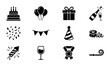 © Anik - Celebration Icons Set: Birthday Cake, Balloons, Gift Box, Champagne, Confetti, Bunting, Party Hat, Firework, Wine Glass, Medal, Party Blower Vector Graphics