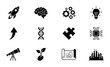 © Anik - Science and Technology Icons Set: Rocket, Brain, Gears, Lightbulb, DNA, Puzzle, Chip, Telescope, Seedling, Blueprint, Cityscape - Vector Graphics for Innovation and Discovery