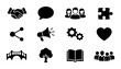 © Anik - Set of 12 Black Vector Icons: Partnership, Communication, Teamwork, Connection, Megaphone, Gears, Heart, Bridge, Tree, Book, Community, Puzzle Piece