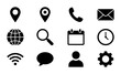 © Anik - Set of 12 Essential Black Vector Icons: Location, Phone, Mail, Globe, Search, Calendar, Clock, Wi-Fi, Chat, User, Settings - Clean UI Elements for Web and App Design