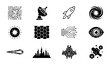 © Anik - Futuristic Technology Icons Set: Circuit Board, Satellite Dish, Rocket, Black Hole, Sun, Hexagon Grid, Data Network, Eye, Comet, Cityscape, Spaceship, Molecules