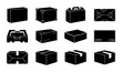 © Anik - Set of 12 Black Shipping Boxes, Packaging Icons, Cardboard Containers, Delivery Logistics Vector Graphics