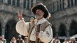 © forenna - Town crier in historical costume addressing empty desolate market square, small ragged group of onlookers gathered in worn courtyard, architectural perspective lines of