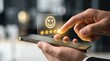 © Spot Decor - A person's hand using a smartphone to rate service with a happy face emoji and five stars.