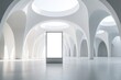 © miss irine - Modern white interior gallery with empty digital screen display and bright architectural curves. Clean space offers ample room for product promotion or art exhibition presentation.
