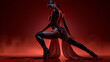 © Riverland Studio - futuristic woman in dark latex against an orange red studio background, stylish cyberpunk woman wearing dark latex fashion, edgy futuristic latex fashion in a bold cyberpunk studio setting