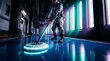 © Zahra - Futuristic astronaut in space suit showcasing floor polishing equipment, glowing neon corridor and high tech cleaning routine, concept for sci-fi maintenance and space station sanitation