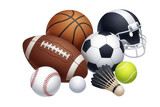Zestaw różnych piłek sportowych i akcesoriów, w tym piłka do koszykówki, futbolu amerykańskiego, piłki nożnej, baseballu, golfa, tenisa oraz lotka do badmintona na białym tle.