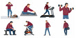 © Ikan - Vector illustration set of a man in various gym poses including treadmill, weightlifting, stretching, and cycling