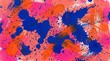 © Tahminatanii - Abstract art background with vibrant colors, featuring bold blue paint splatters and energetic orange brush strokes on a textured pink surface