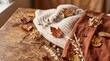 © DR Moura - Cozy Autumn Still Life with Knitted Sweater Dried Leaves and Acorns on Wooden Table