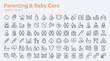© Contributor - Collection of monochrome line icons for parenting, childcare, pregnancy, infant care, and pediatric medical themes on white background