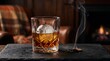 © RR gallery - Smoky bourbon whiskey in crystal glass with ice sphere, amber liquor on slate board with wood smoke, luxury scotch drink in cozy fireplace lounge, elegant cocktail photography.