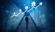 © InfiniteFlow - A businessman climbs stairs toward a rising financial graph in a modern city, representing ambition, success, and the pursuit of growth in a competitive environment. Gantry